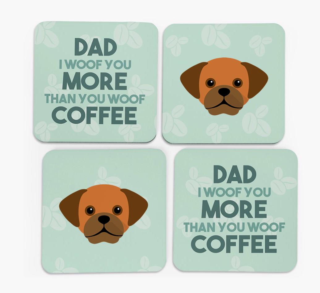 'Dad I woof you more than you woof coffee' Coasters with {breedFullName} Icon