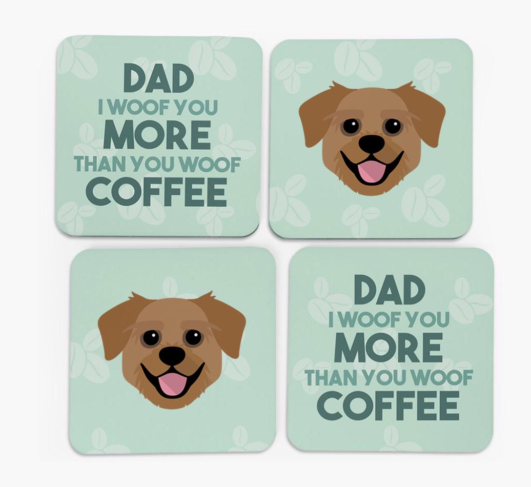 'Dad I woof you more than you woof coffee' Coasters with {breedFullName} Icon