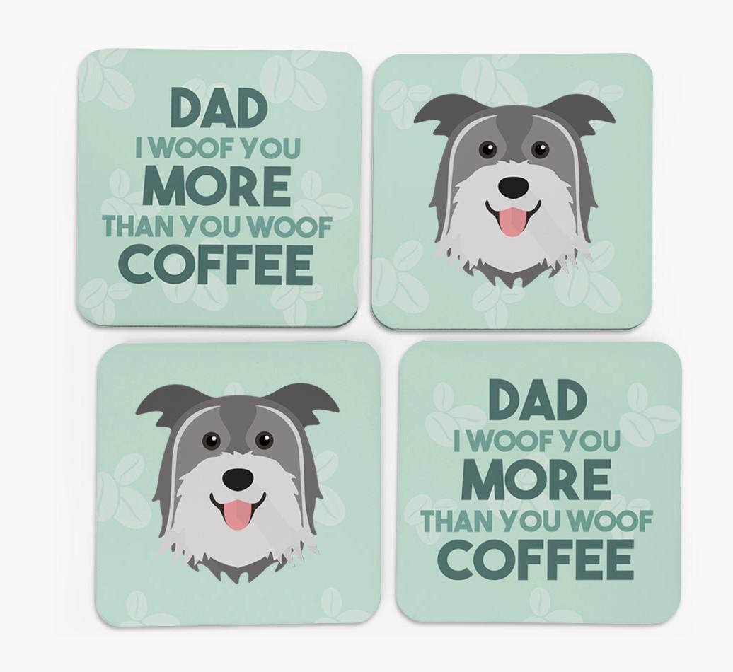 'Dad I woof you more than you woof coffee' Coasters with {breedFullName} Icon