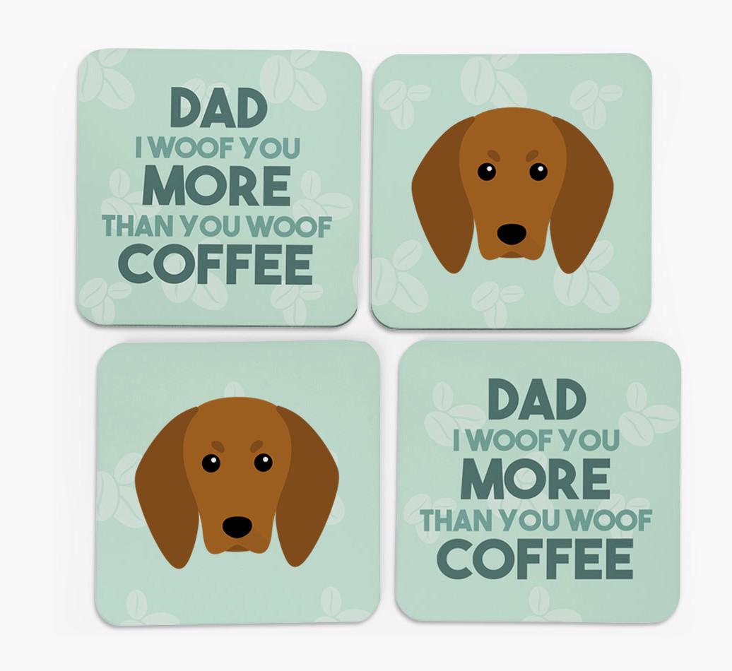 'Dad I woof you more than you woof coffee' Coasters with {breedFullName} Icon