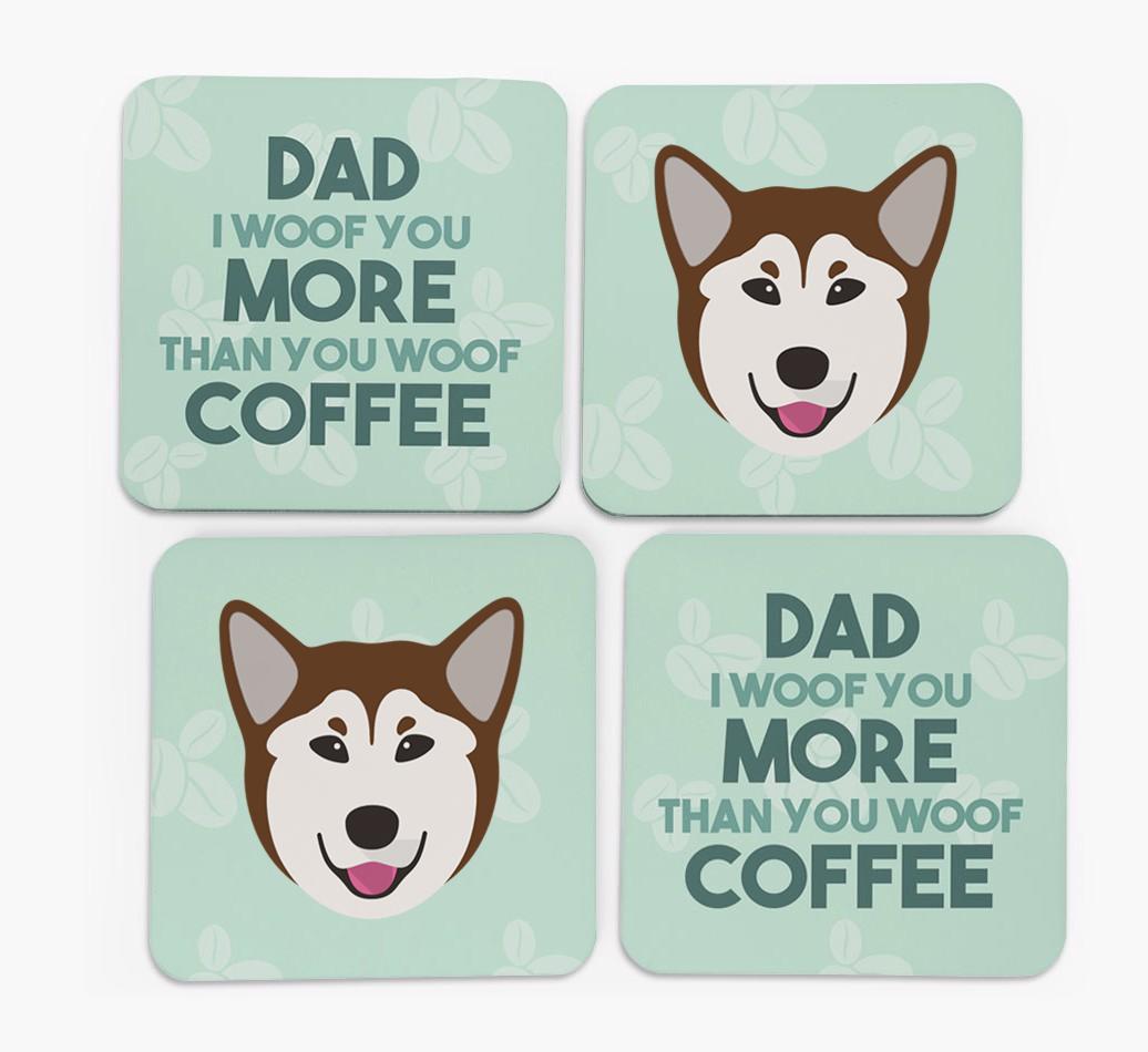 'Dad I woof you more than you woof coffee' Coasters with {breedFullName} Icon