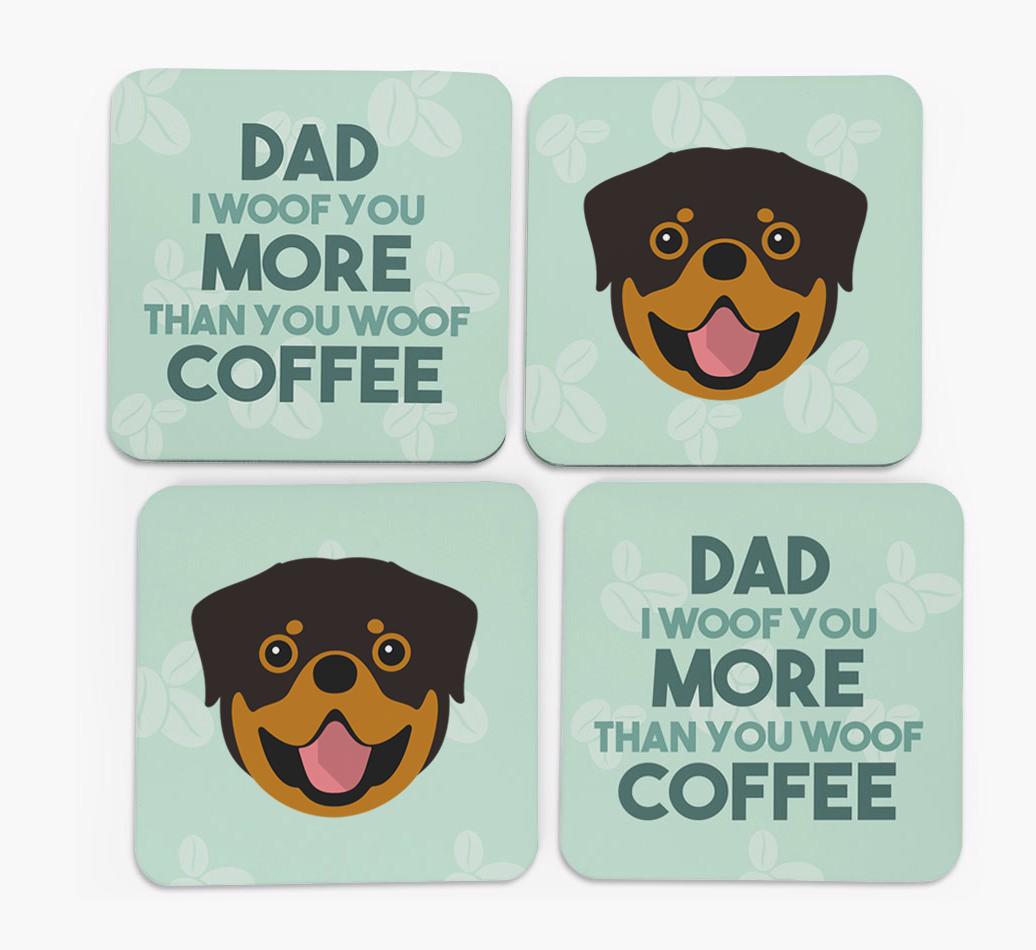'Dad I woof you more than you woof coffee' Coasters with {breedFullName} Icon