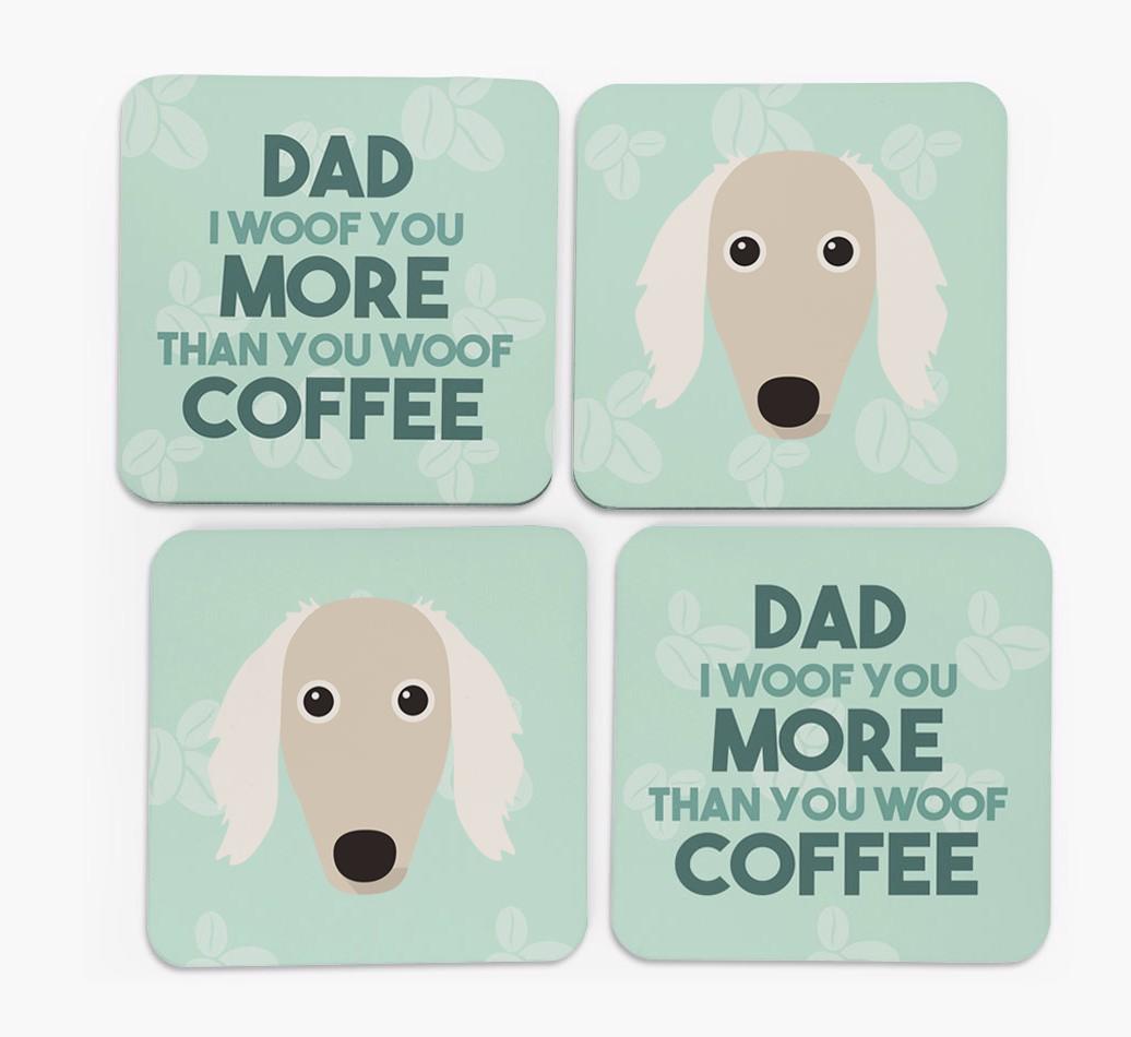'Dad I woof you more than you woof coffee' Coasters with {breedFullName} Icon
