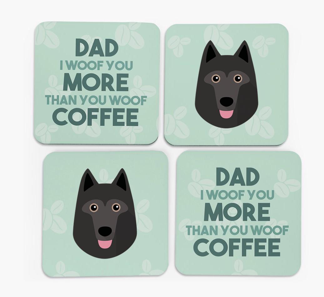 'Dad I woof you more than you woof coffee' Coasters with {breedFullName} Icon