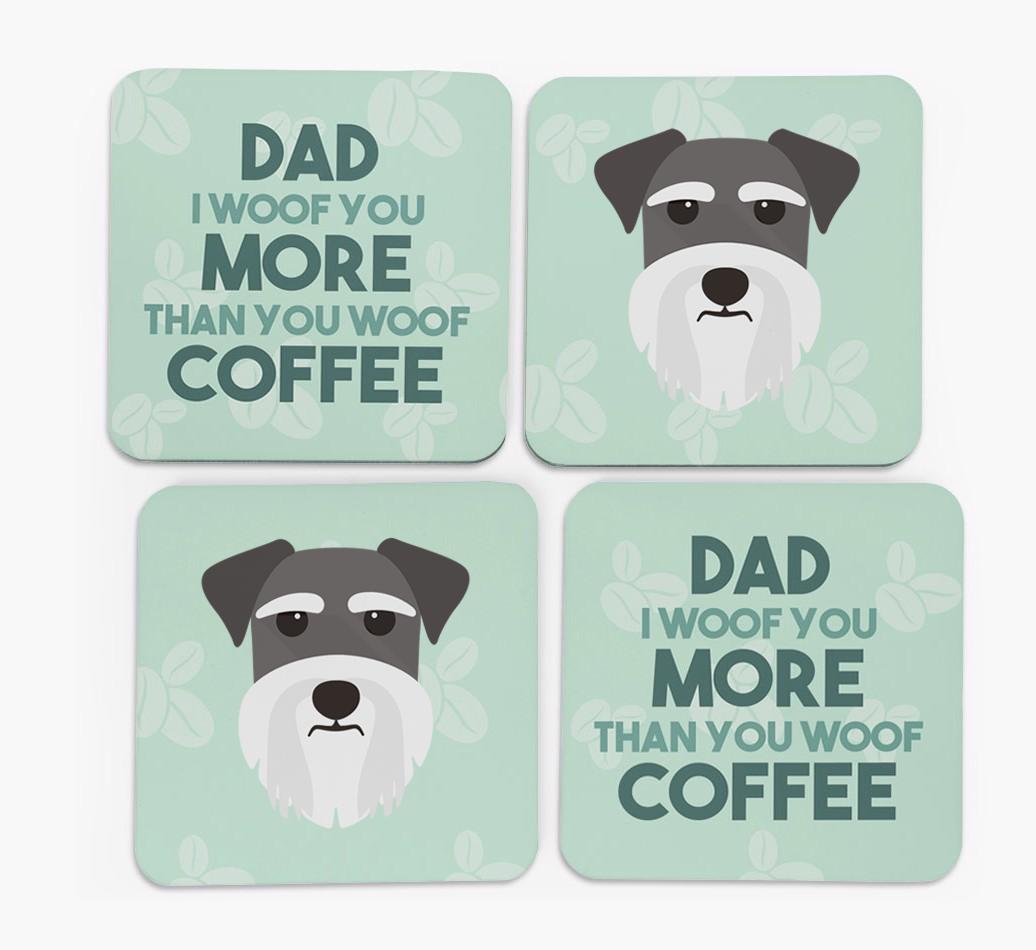 'Dad I woof you more than you woof coffee' Coasters with {breedFullName} Icon