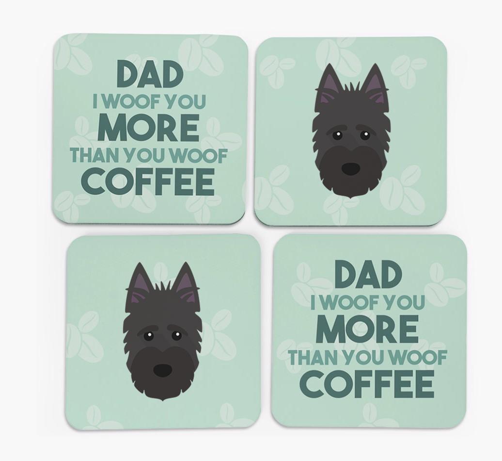 'Dad I woof you more than you woof coffee' Coasters with {breedFullName} Icon