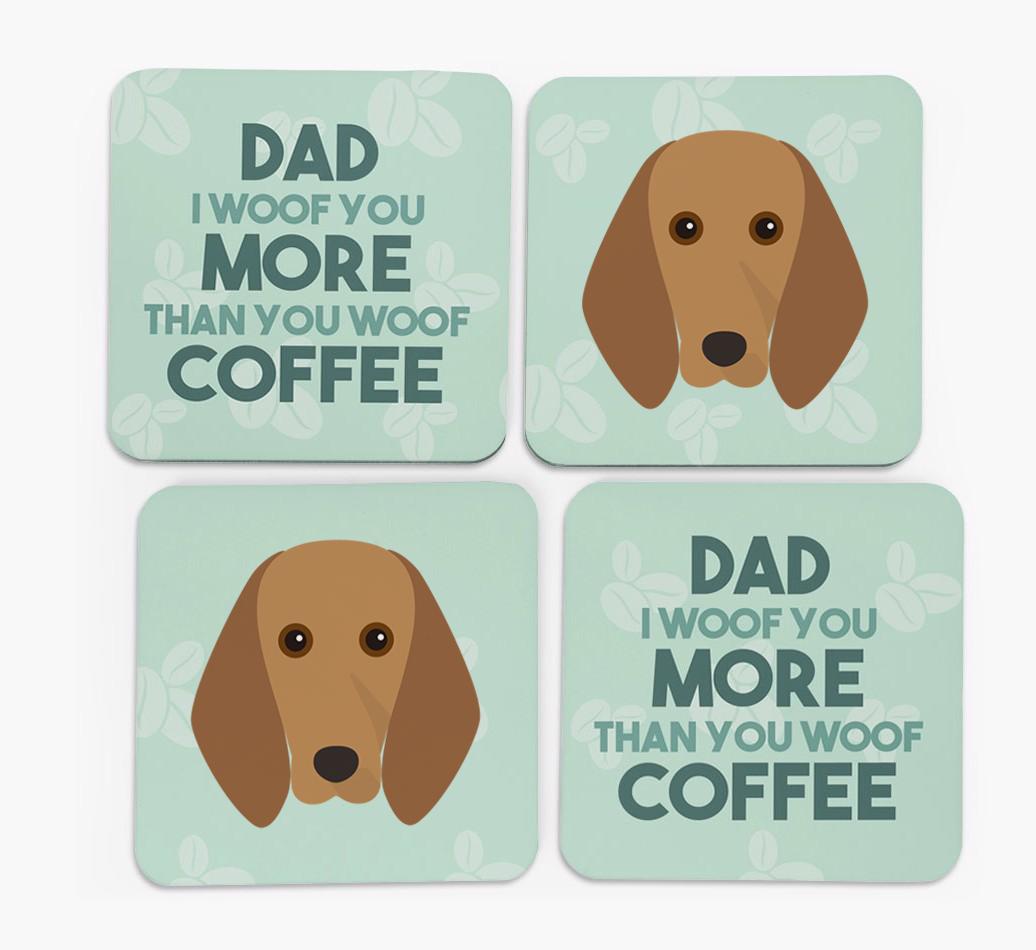 'Dad I woof you more than you woof coffee' Coasters with {breedFullName} Icon