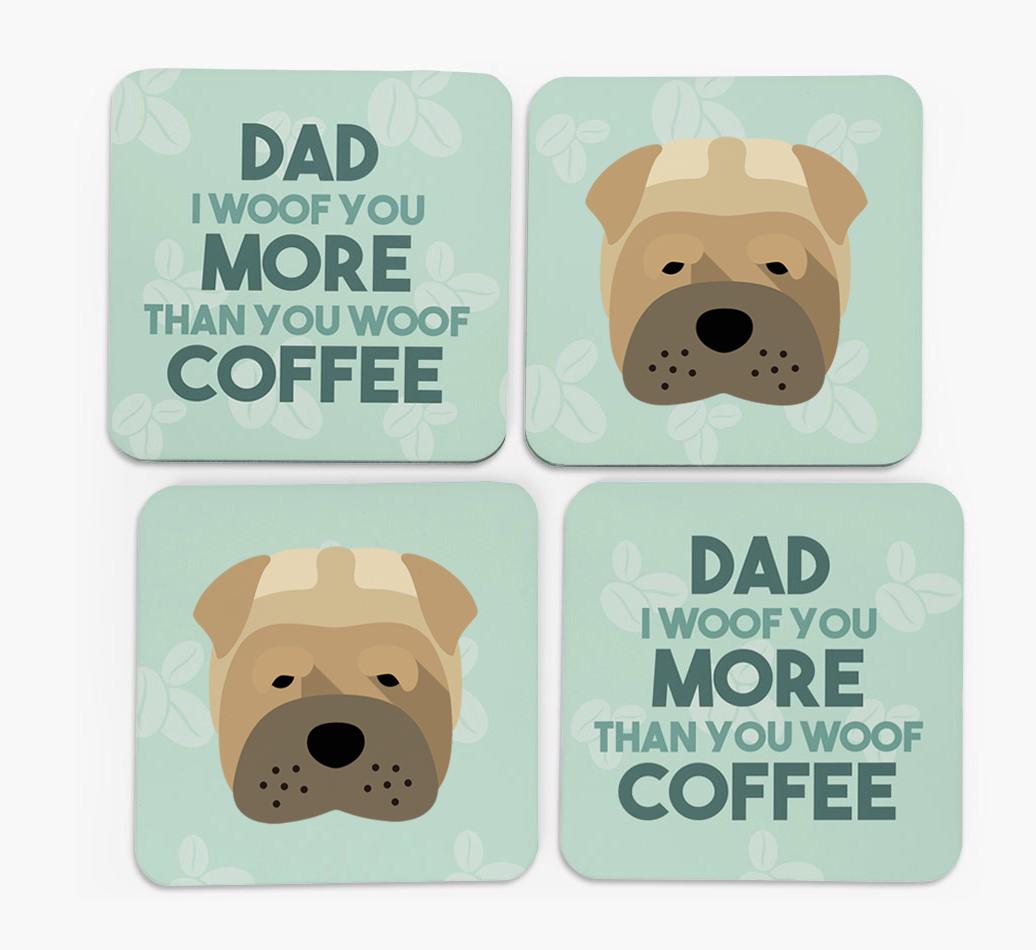 'Dad I woof you more than you woof coffee' Coasters with {breedFullName} Icon