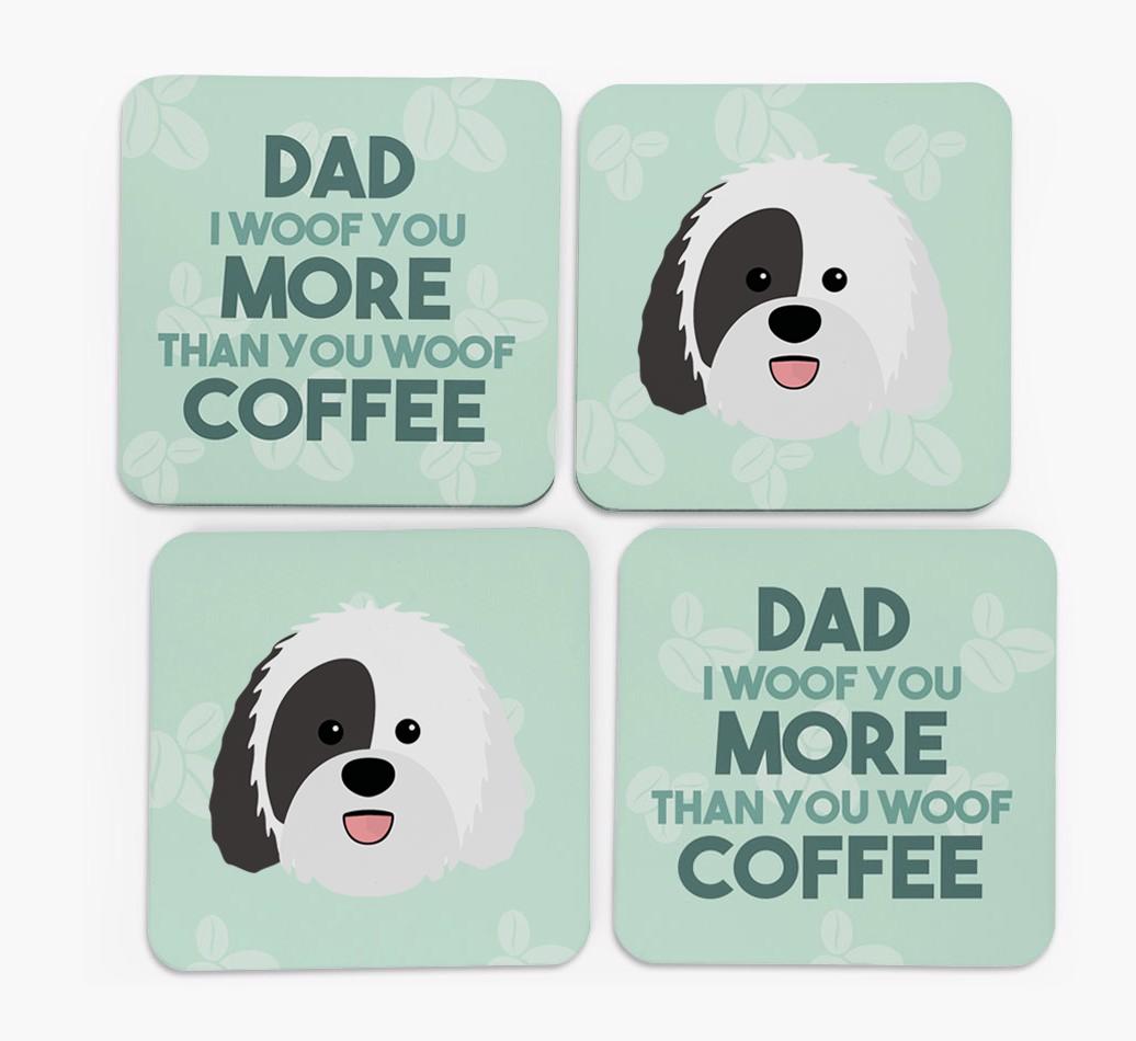 'Dad I woof you more than you woof coffee' Coasters with {breedFullName} Icon