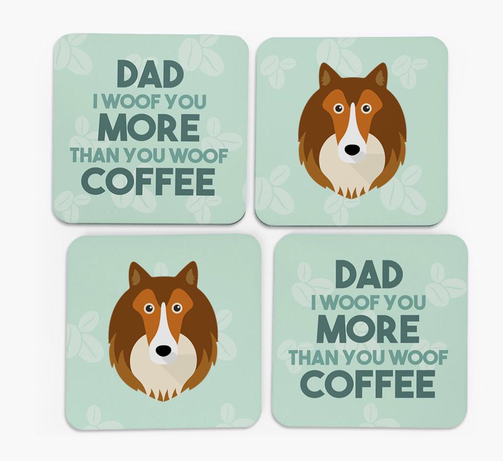 'Dad I woof you more than you woof coffee' Coasters with {breedFullName} Icon