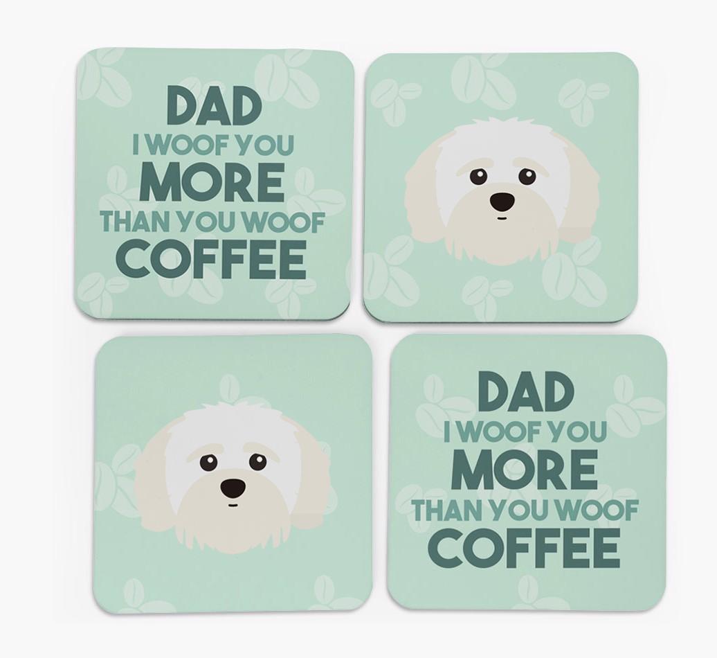 'Dad I woof you more than you woof coffee' Coasters with {breedFullName} Icon