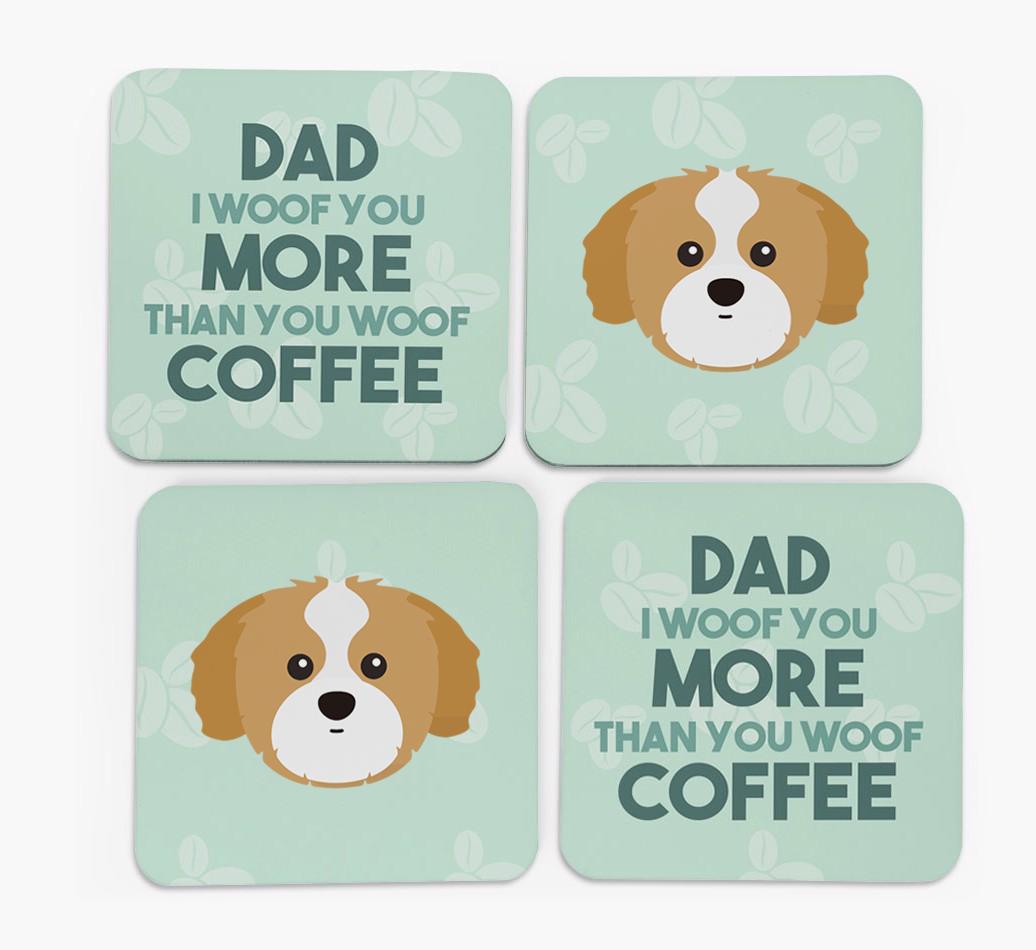 'Dad I woof you more than you woof coffee' Coasters with {breedFullName} Icon