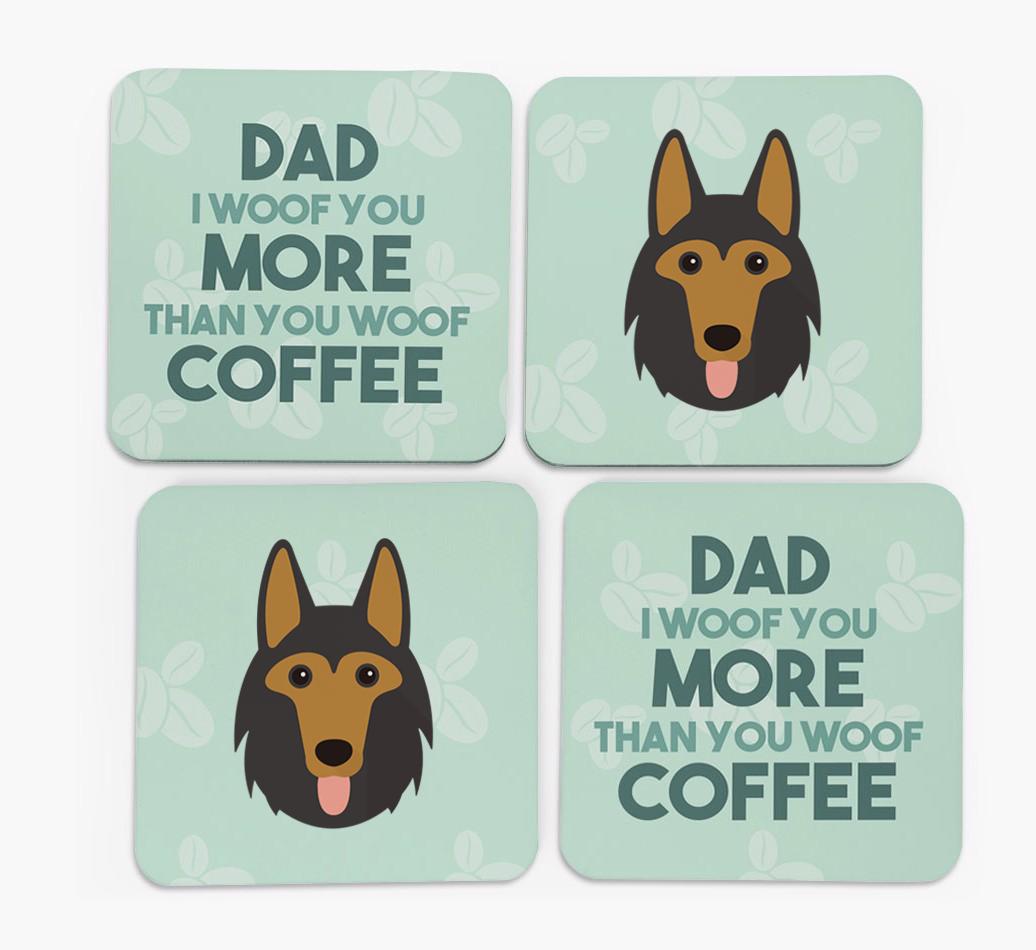'Dad I woof you more than you woof coffee' Coasters with {breedFullName} Icon
