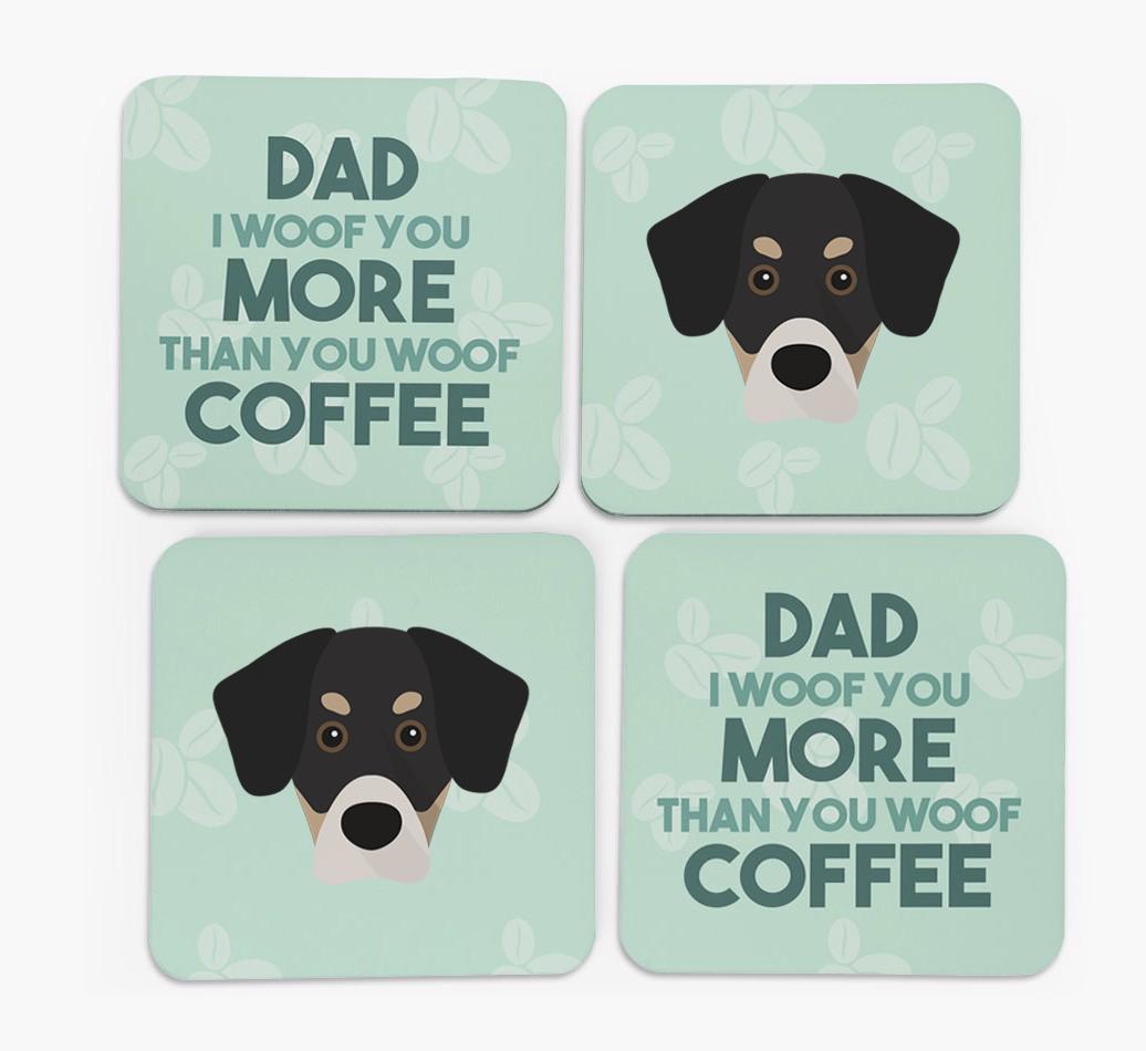 'Dad I woof you more than you woof coffee' Coasters with {breedFullName} Icon