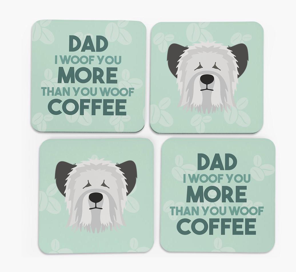 'Dad I woof you more than you woof coffee' Coasters with {breedFullName} Icon