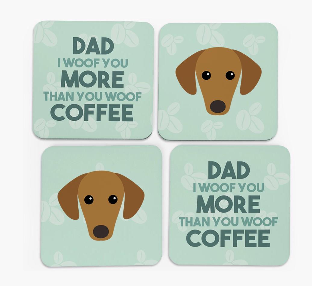 'Dad I woof you more than you woof coffee' Coasters with {breedFullName} Icon