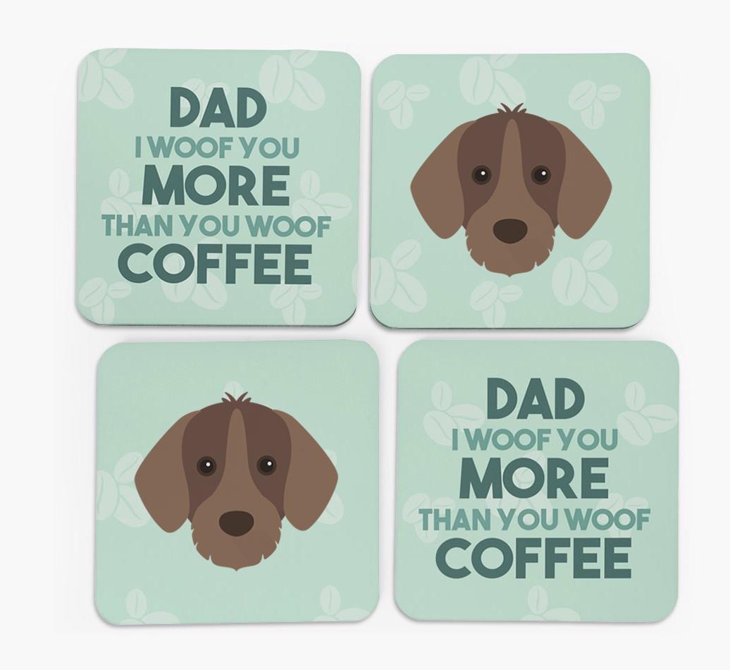 'Dad I woof you more than you woof coffee' Coasters with {breedFullName} Icon
