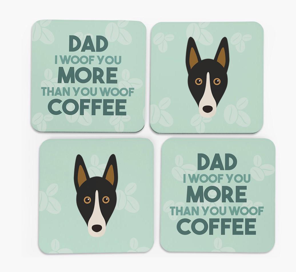 'Dad I woof you more than you woof coffee' Coasters with {breedFullName} Icon