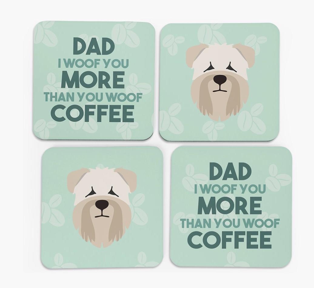 'Dad I woof you more than you woof coffee' Coasters with {breedFullName} Icon