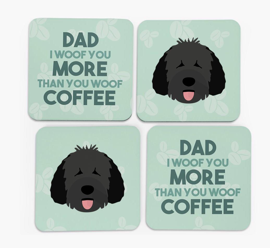 'Dad I woof you more than you woof coffee' Coasters with {breedFullName} Icon