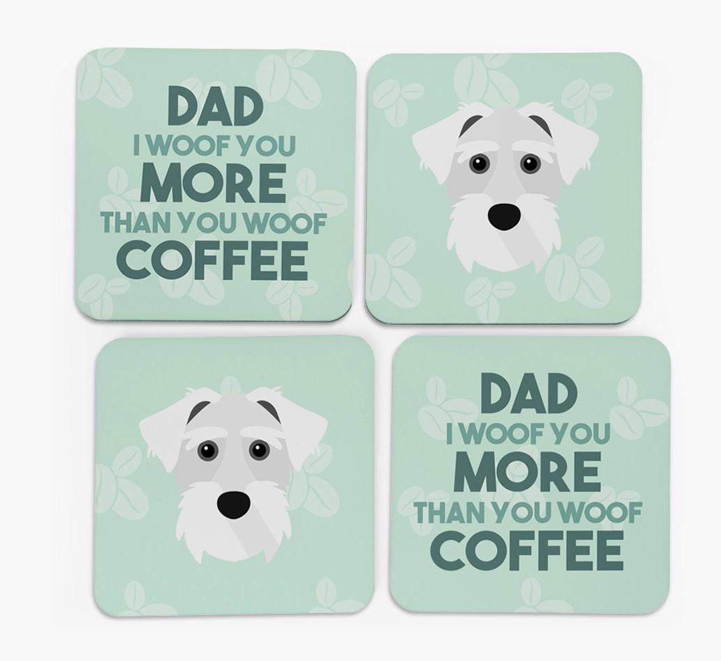 'Dad I woof you more than you woof coffee' Coasters with {breedFullName} Icon