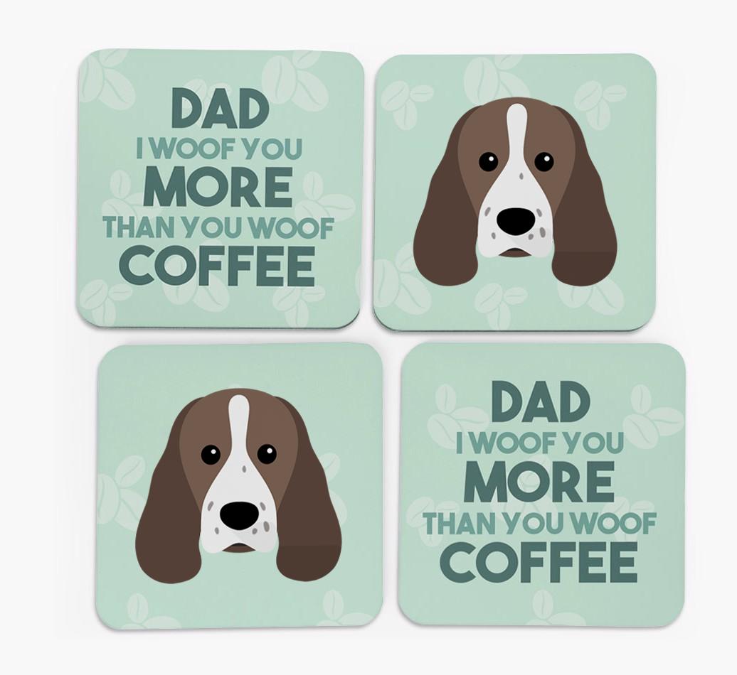 'Dad I woof you more than you woof coffee' Coasters with {breedFullName} Icon