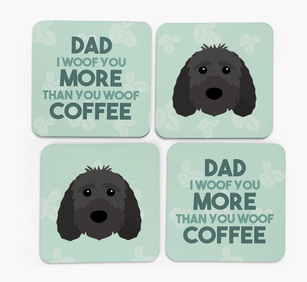 'Dad I woof you more than you woof coffee' Coasters with {breedFullName} Icon