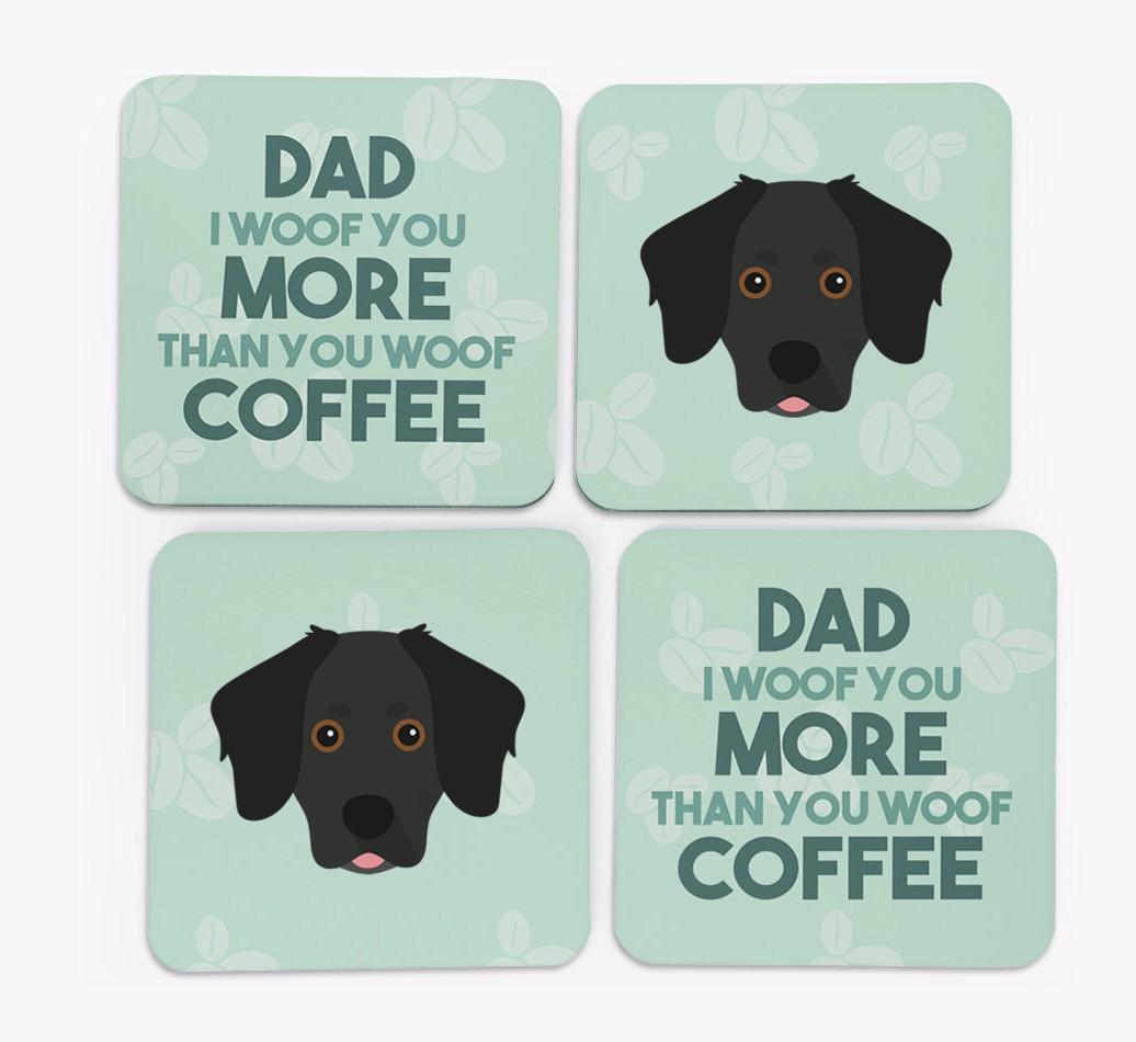 'Dad I woof you more than you woof coffee' Coasters with {breedFullName} Icon