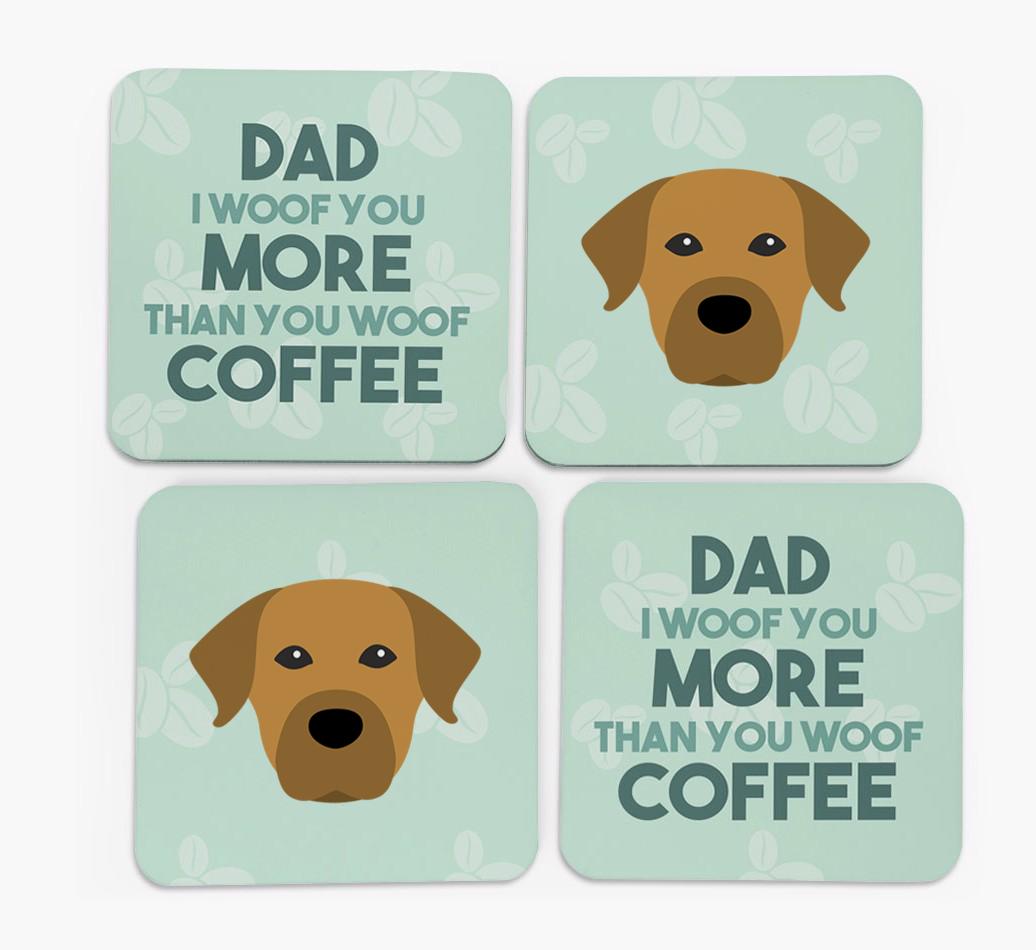 'Dad I woof you more than you woof coffee' Coasters with {breedFullName} Icon