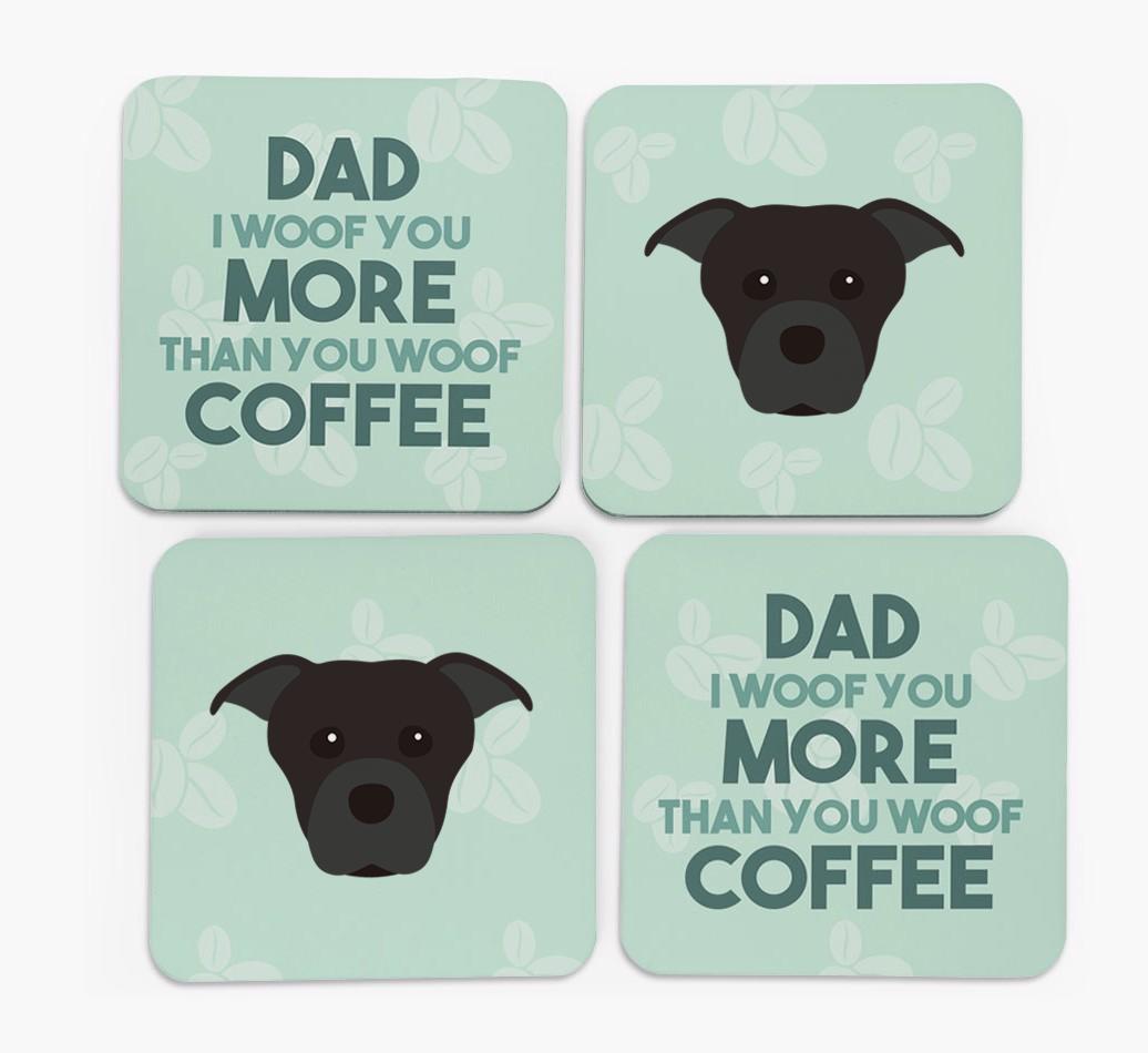'Dad I woof you more than you woof coffee' Coasters with {breedFullName} Icon
