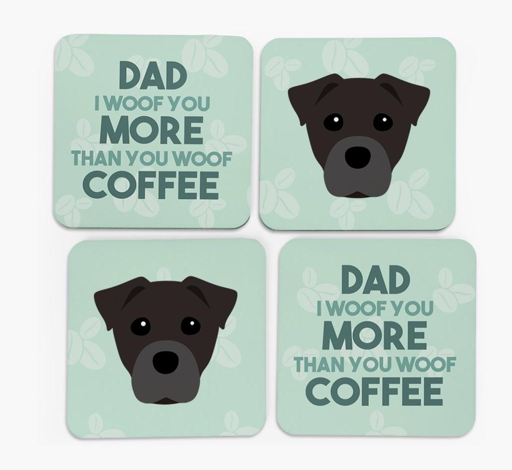 'Dad I woof you more than you woof coffee' Coasters with {breedFullName} Icon