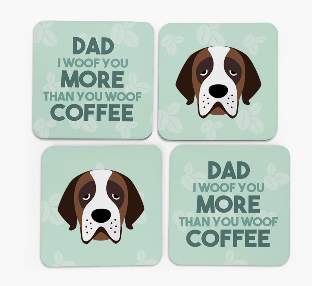 'Dad I woof you more than you woof coffee' Coasters with {breedFullName} Icon
