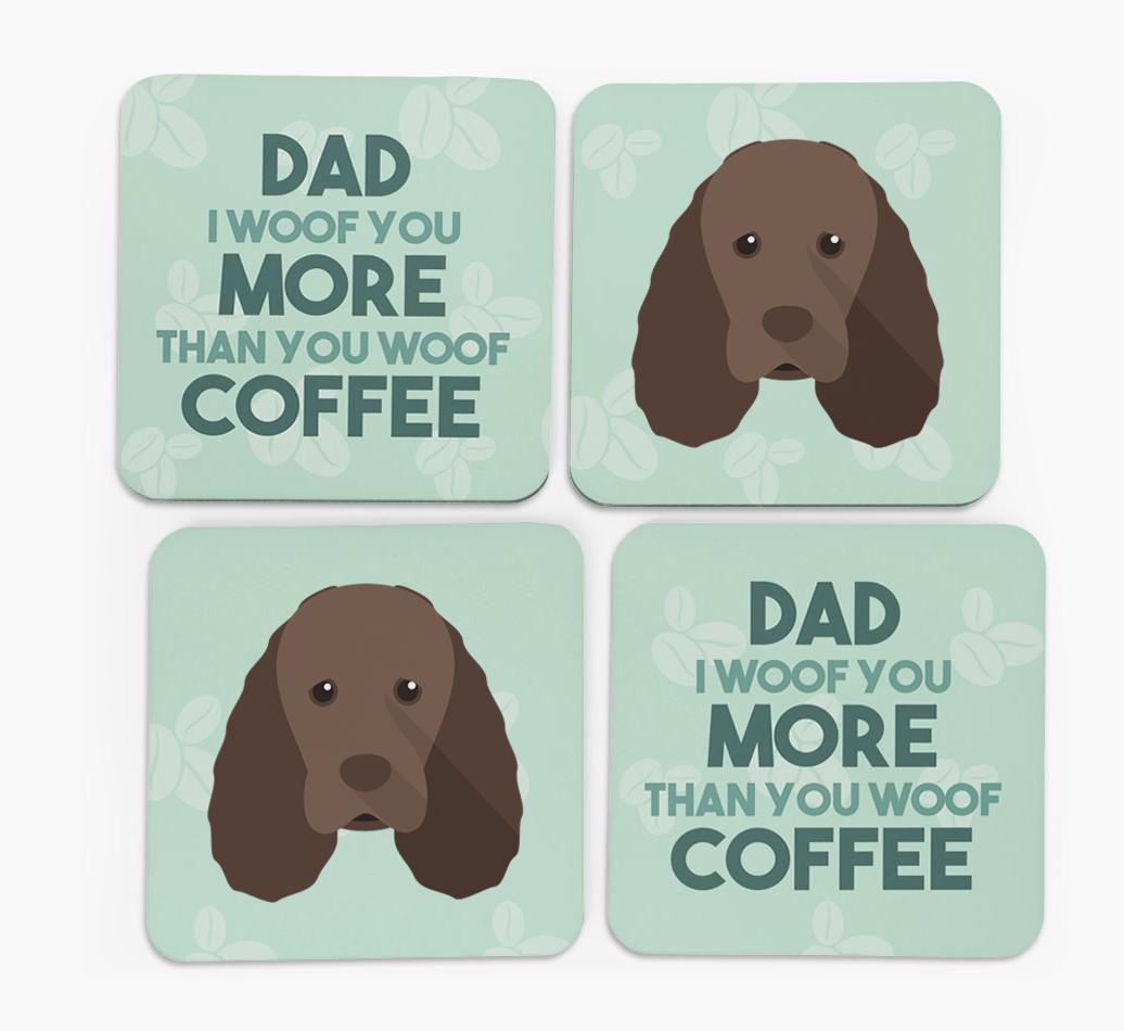 'Dad I woof you more than you woof coffee' Coasters with {breedFullName} Icon