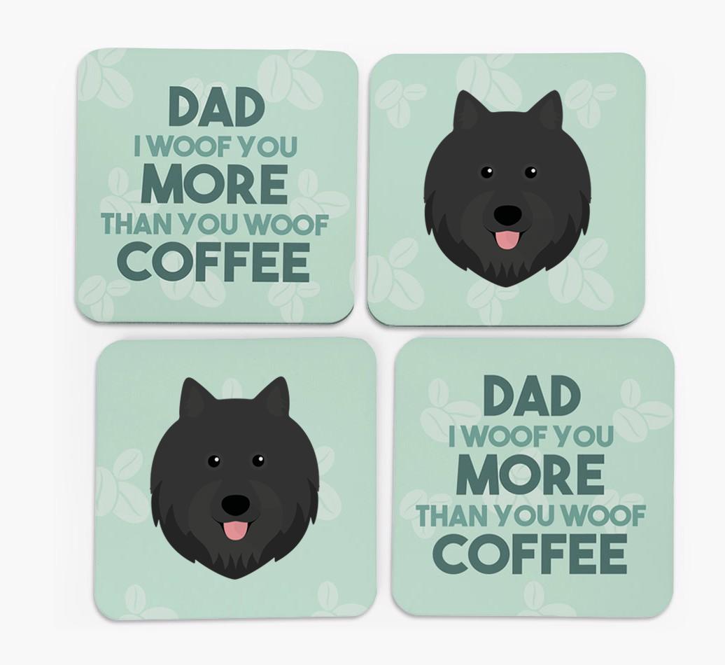'Dad I woof you more than you woof coffee' Coasters with {breedFullName} Icon