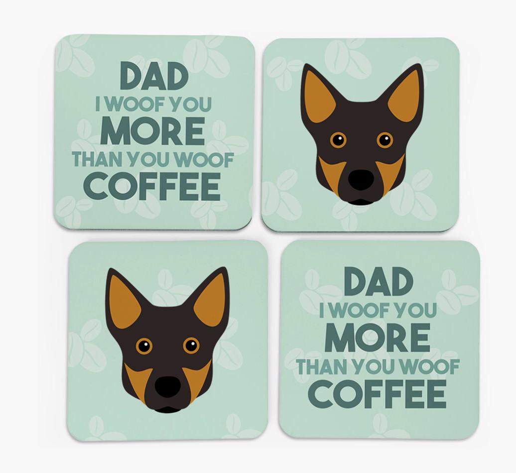 'Dad I woof you more than you woof coffee' Coasters with {breedFullName} Icon