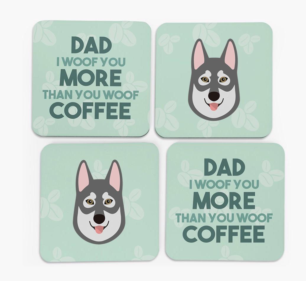 'Dad I woof you more than you woof coffee' Coasters with {breedFullName} Icon