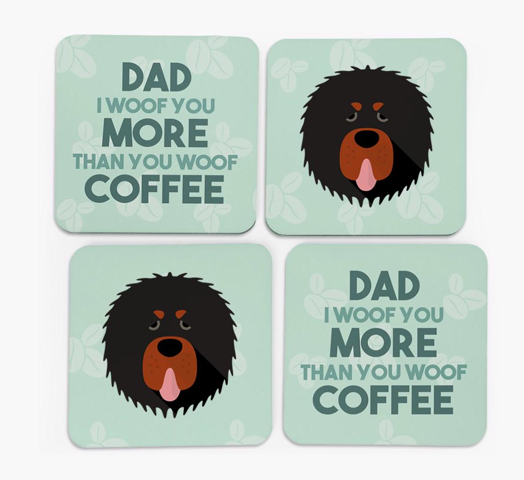 'Dad I woof you more than you woof coffee' Coasters with {breedFullName} Icon