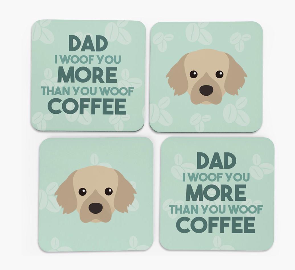 'Dad I woof you more than you woof coffee' Coasters with {breedFullName} Icon