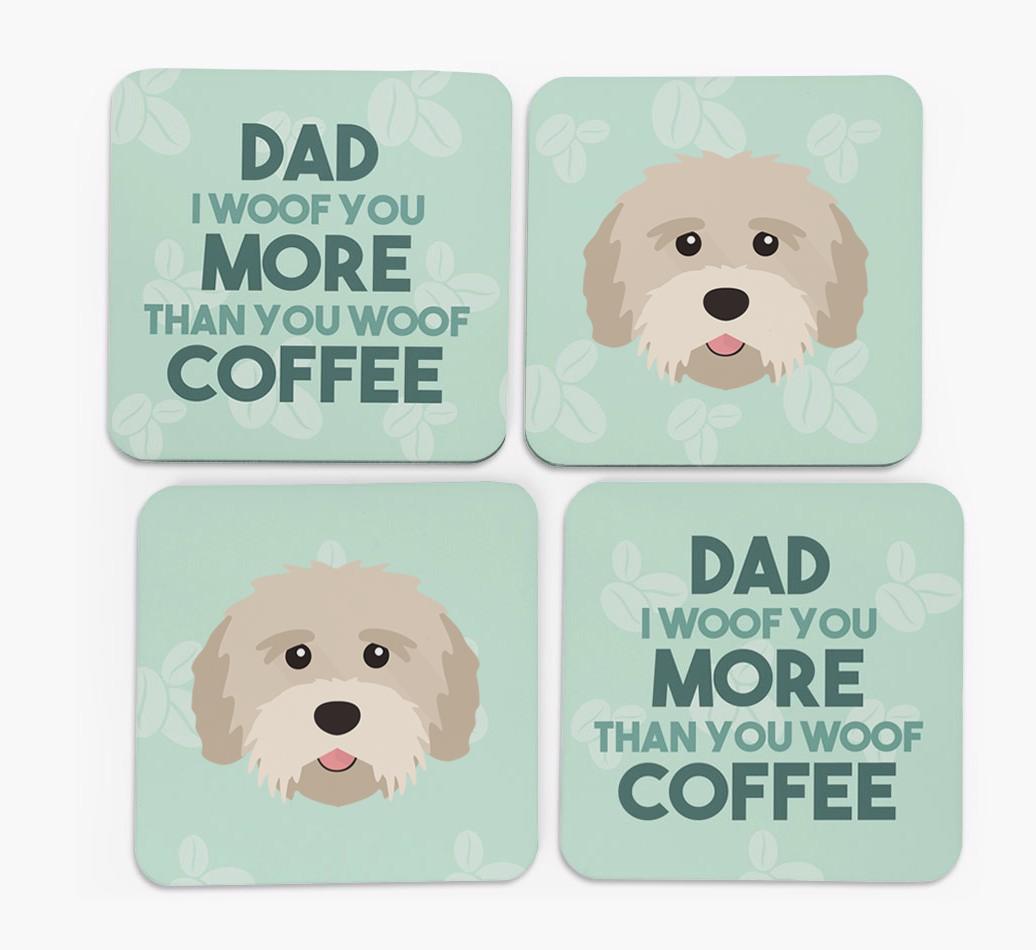 'Dad I woof you more than you woof coffee' Coasters with {breedFullName} Icon