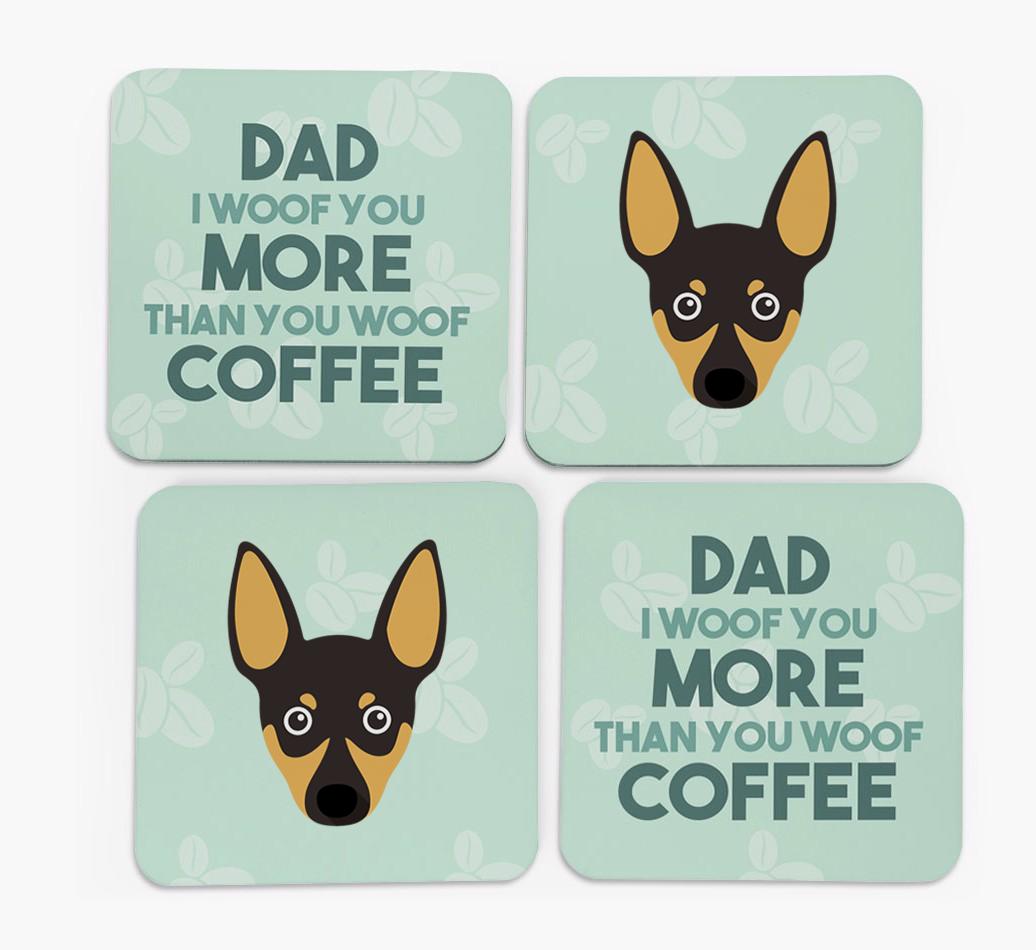 'Dad I woof you more than you woof coffee' Coasters with {breedFullName} Icon