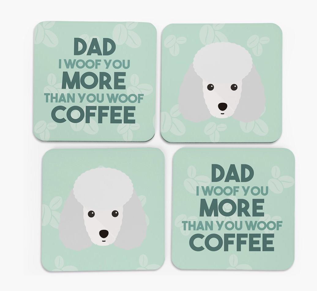 'Dad I woof you more than you woof coffee' Coasters with {breedFullName} Icon