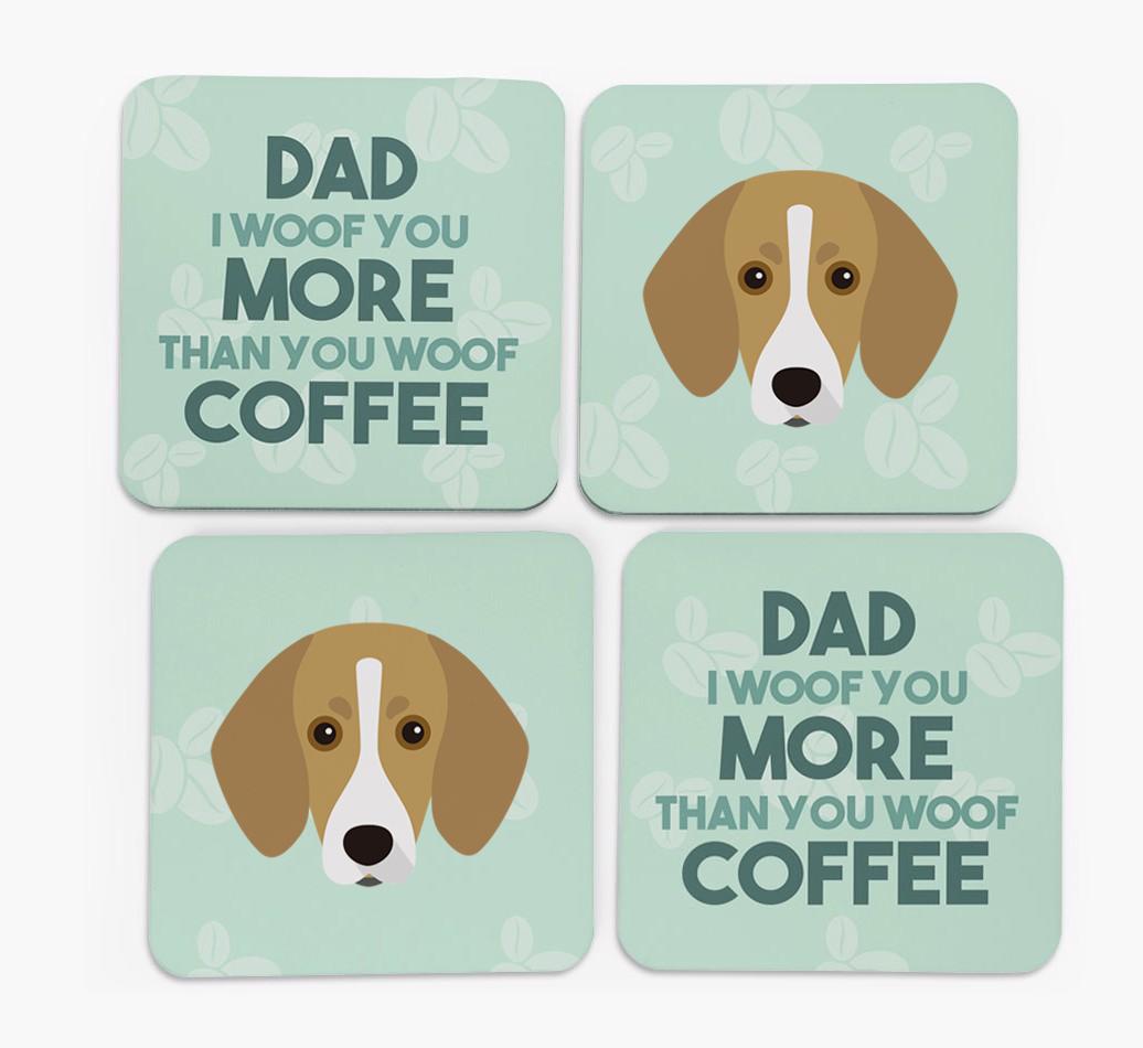'Dad I woof you more than you woof coffee' Coasters with {breedFullName} Icon