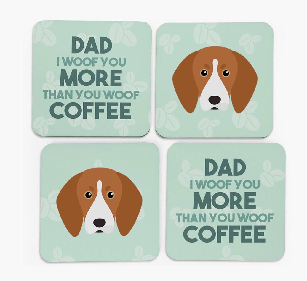 'Dad I woof you more than you woof coffee' Coasters with {breedFullName} Icon