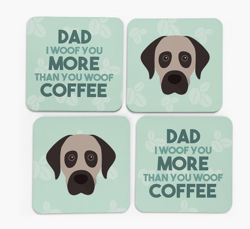 'Dad I woof you more than you woof coffee' Coasters with {breedFullName} Icon