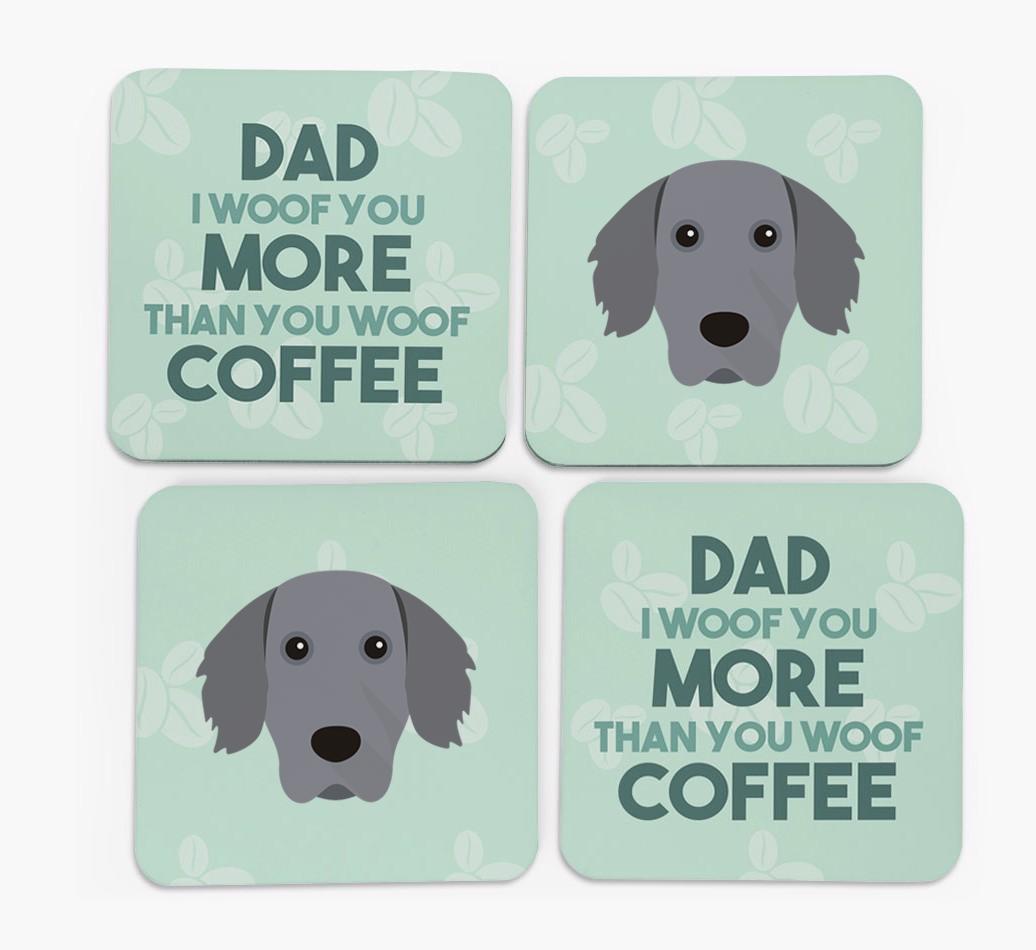 'Dad I woof you more than you woof coffee' Coasters with {breedFullName} Icon