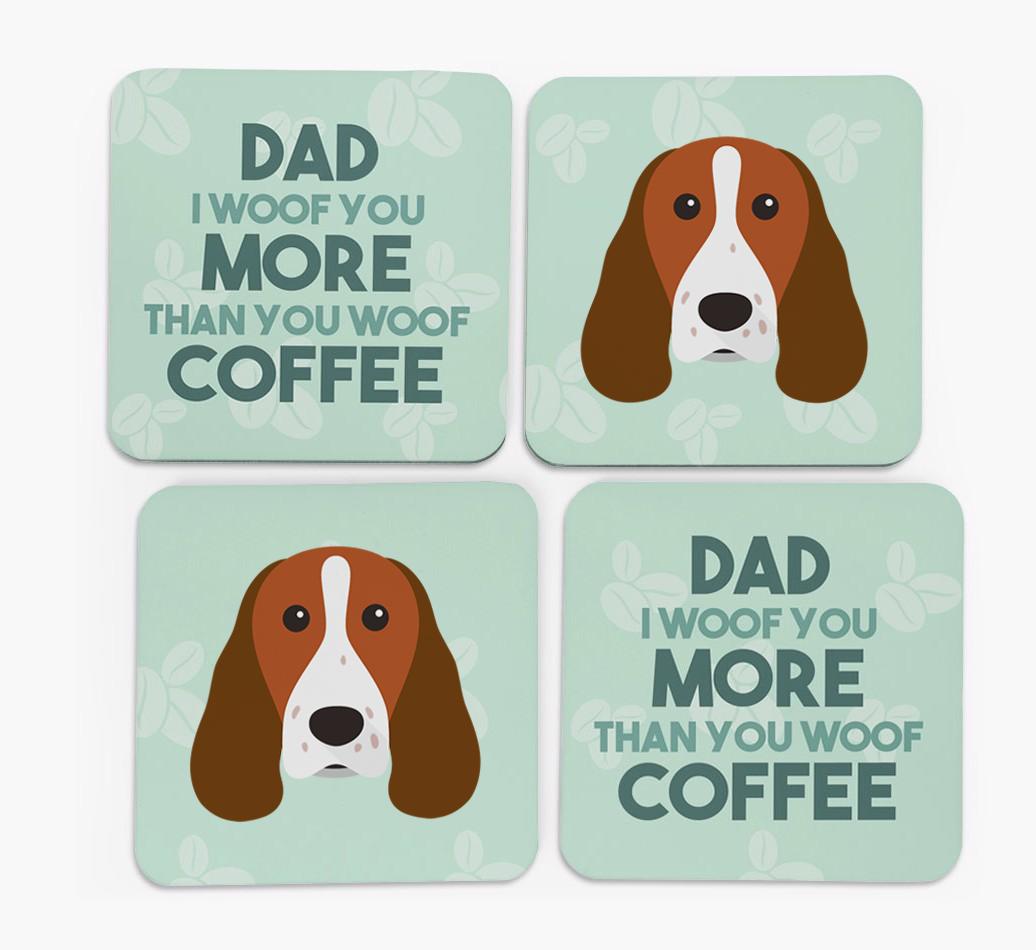 'Dad I woof you more than you woof coffee' Coasters with {breedFullName} Icon