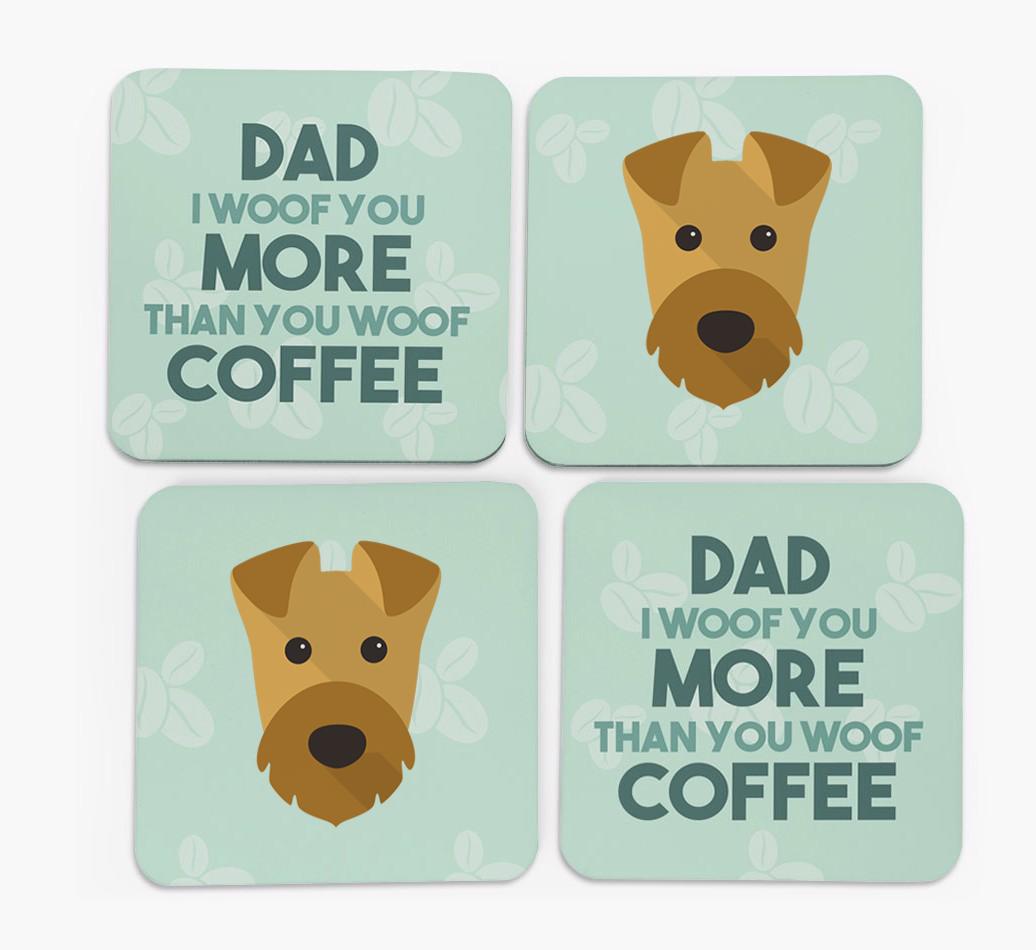 'Dad I woof you more than you woof coffee' Coasters with {breedFullName} Icon