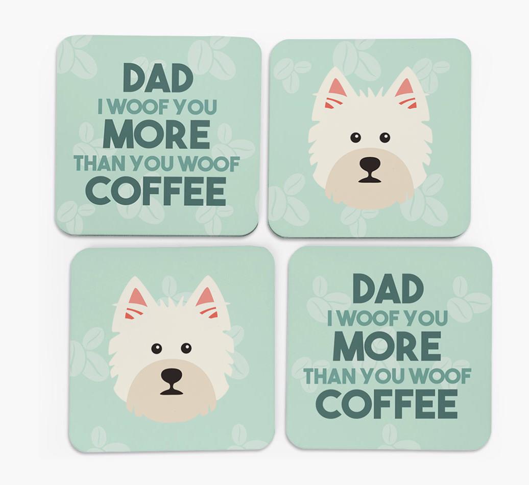 'Dad I woof you more than you woof coffee' Coasters with {breedFullName} Icon