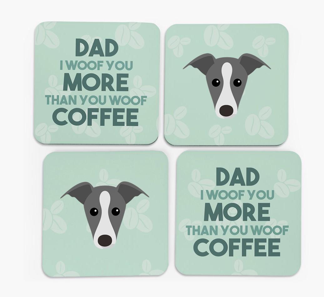 'Dad I woof you more than you woof coffee' Coasters with {breedFullName} Icon