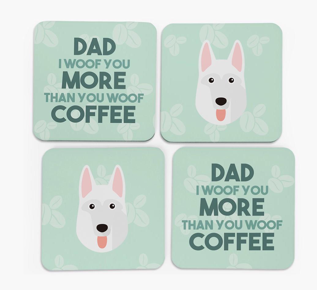 'Dad I woof you more than you woof coffee' Coasters with {breedFullName} Icon